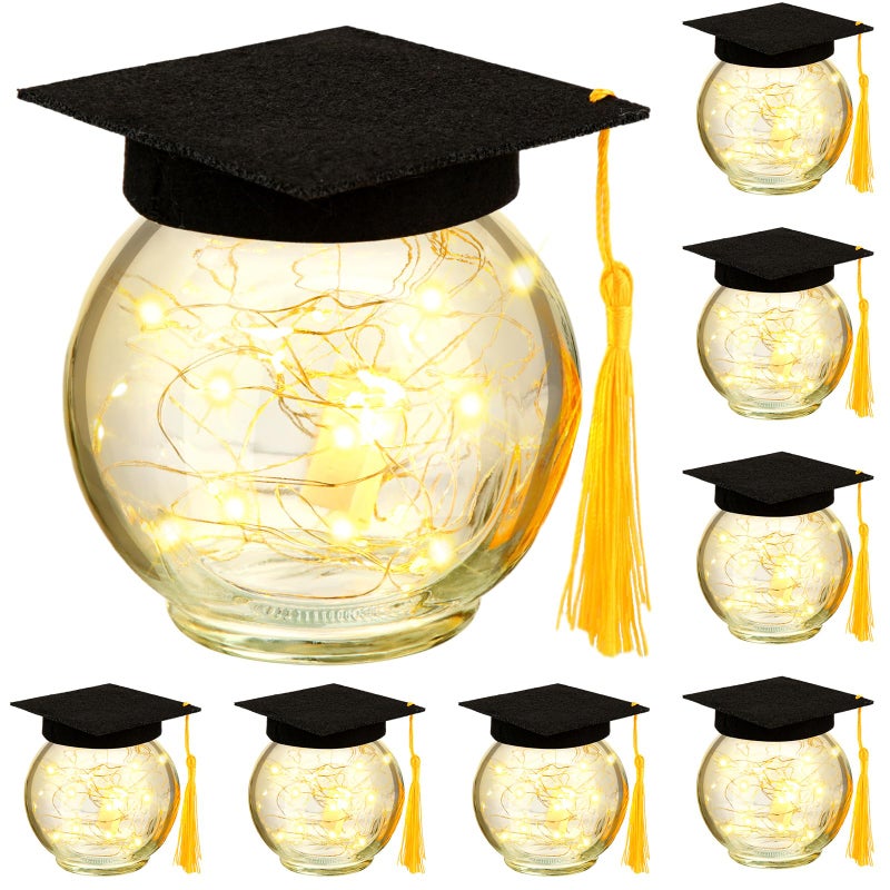 Yoande 8 Pack Graduation Jar Centerpieces Firefly Fairy Star Jar Lamp Jar Lantern Lamp with Bachelor's Hat Graduation Gift for Her Home Yard Garden Graduation Wedding Table Decoration Lamp - Image 1