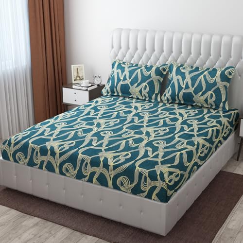 CB HOME Glace Cotton Fitted King Size Bedsheet for Double Bed with 2 Pillow Covers 72x78x8'' All Round Elastic (Print 5, Modern & Geometric King) - Image 1
