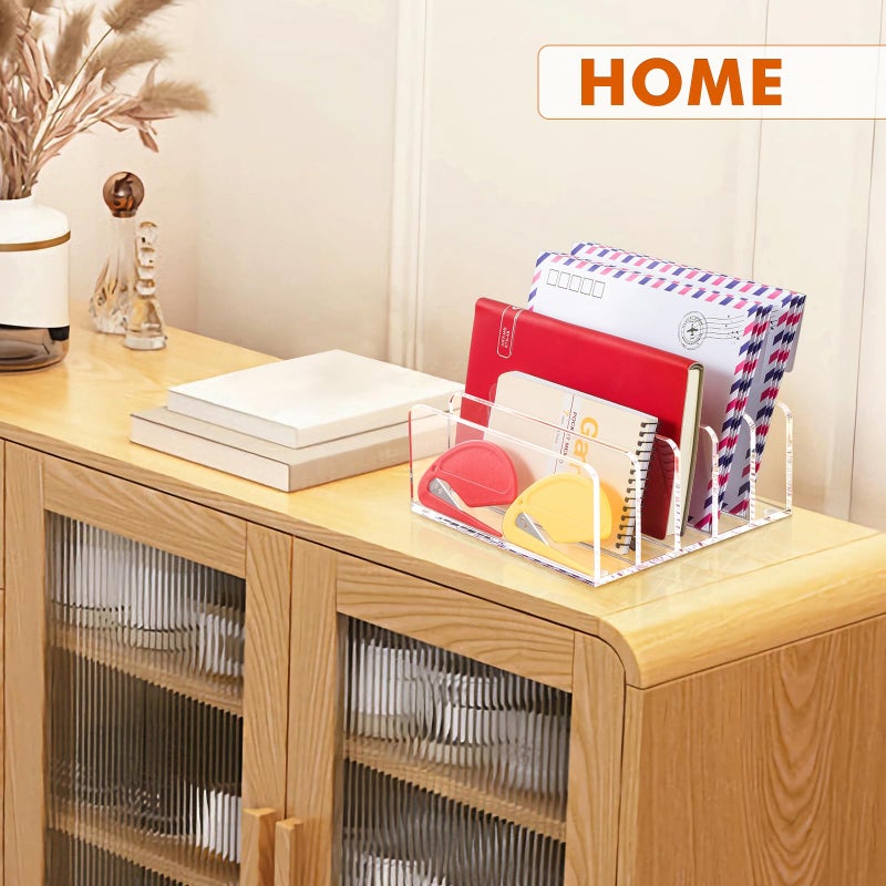 BEYGORM Acrylic Mail Holder, Clear Multifunction Desk Organizer with Divider, Vertical Letter Sorter for Desktop, 5 Compartments Modern Office Home Envelope Organizer for Bill, Document, Folder - Image 4