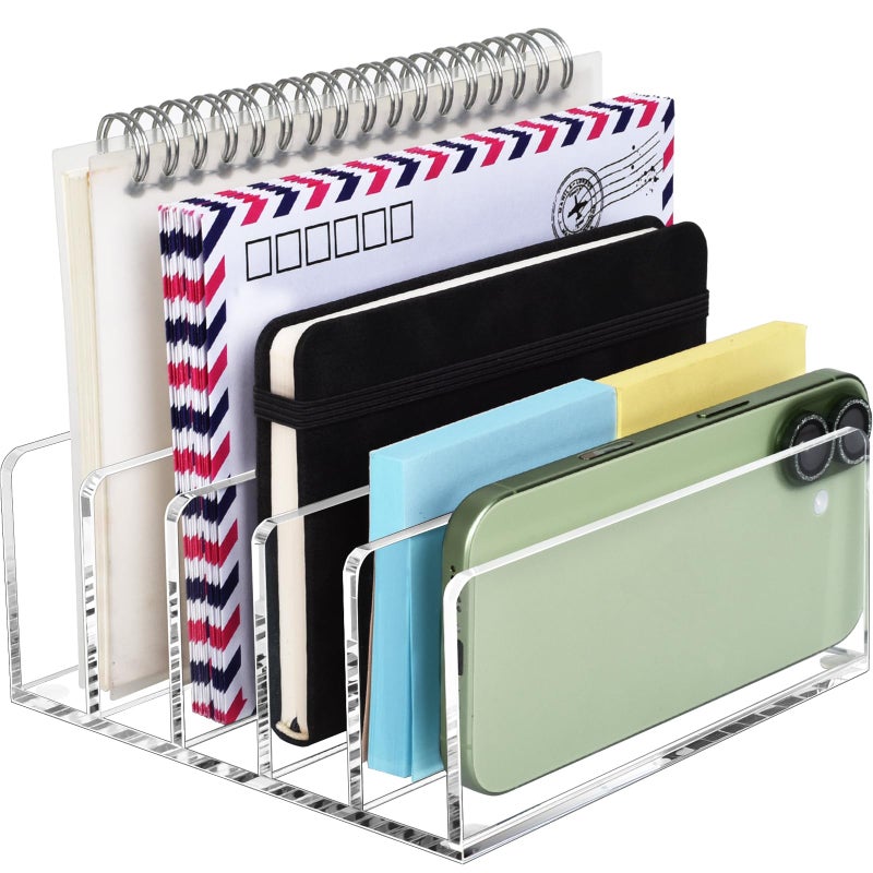 BEYGORM Acrylic Mail Holder, Clear Multifunction Desk Organizer with Divider, Vertical Letter Sorter for Desktop, 5 Compartments Modern Office Home Envelope Organizer for Bill, Document, Folder - Image 1