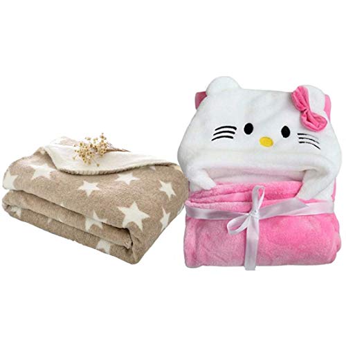 BRANDONN All Season Supersoft Hooded and Printed Blanket and Bath Towel Pack of 2 (Beige, Pink) - Image 1