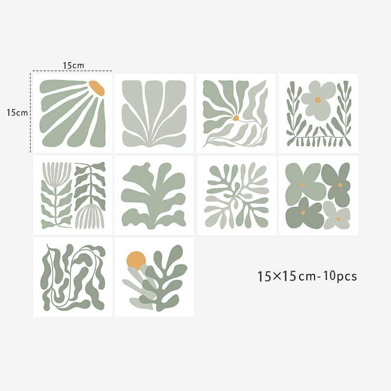 Alwayspon Self-Adhesive Vinyl Wall Tile Stickers, 10Pcs 15cm/6inch Peel and Stick on Tiles Transfer Vinyl Flooring Waterproof Splashback for Kitchen Bathroom, Sage Green Floral - Image 2
