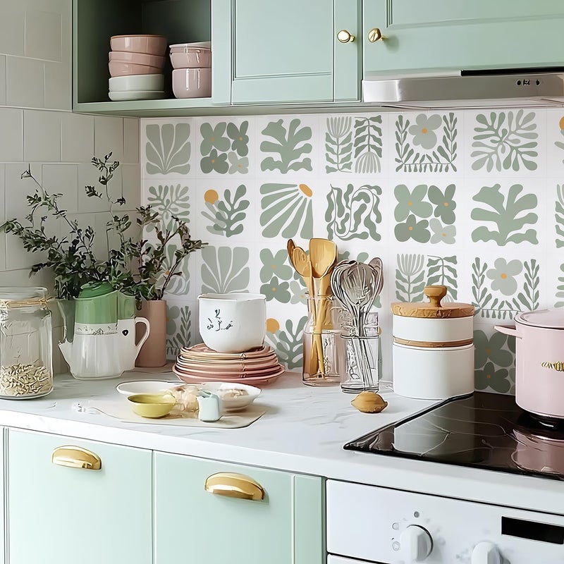 Alwayspon Self-Adhesive Vinyl Wall Tile Stickers, 10Pcs 15cm/6inch Peel and Stick on Tiles Transfer Vinyl Flooring Waterproof Splashback for Kitchen Bathroom, Sage Green Floral - Image 5