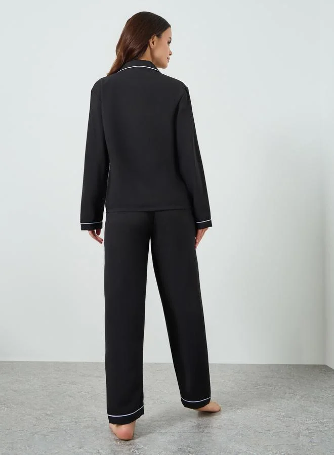 Take Two  Black Solid Long Sleeve Shirt and Pyjama Set for Women | Best Price UAE