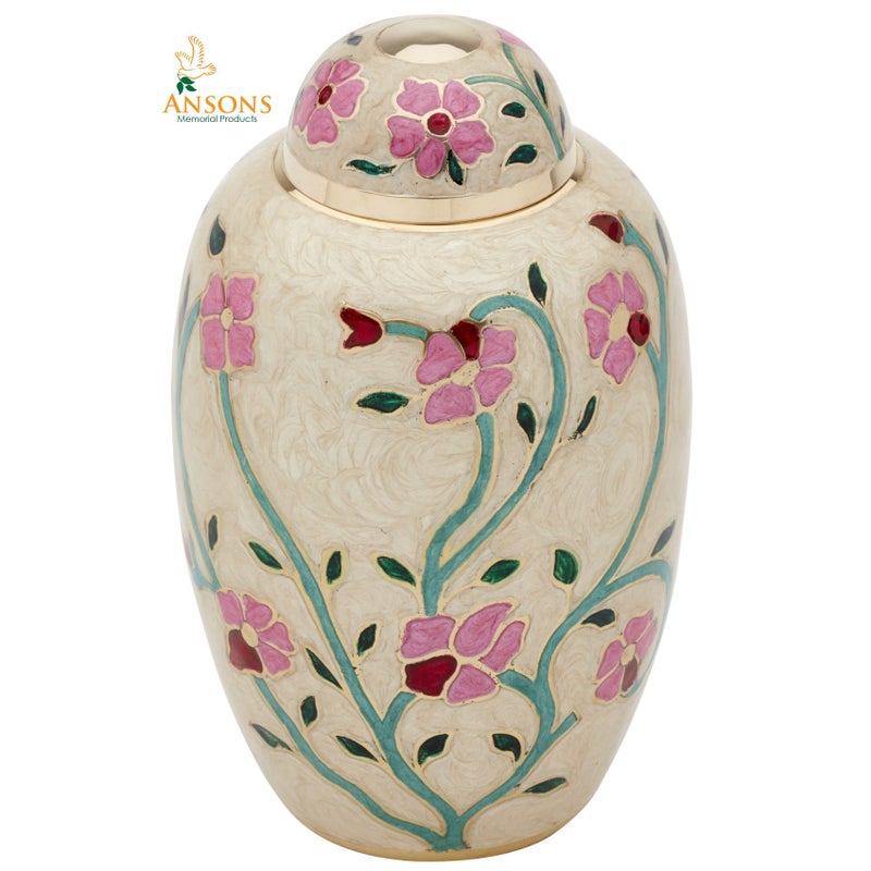 Ansons Urns Cremation Urn - Flower Funeral Urn for Human Ashes - Burial urn with Lacquer Finish - 100% Brass - Flora Cream - Image 4