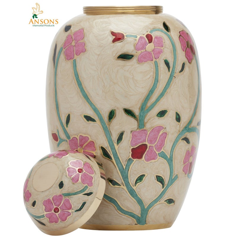 Ansons Urns Cremation Urn - Flower Funeral Urn for Human Ashes - Burial urn with Lacquer Finish - 100% Brass - Flora Cream - Image 2