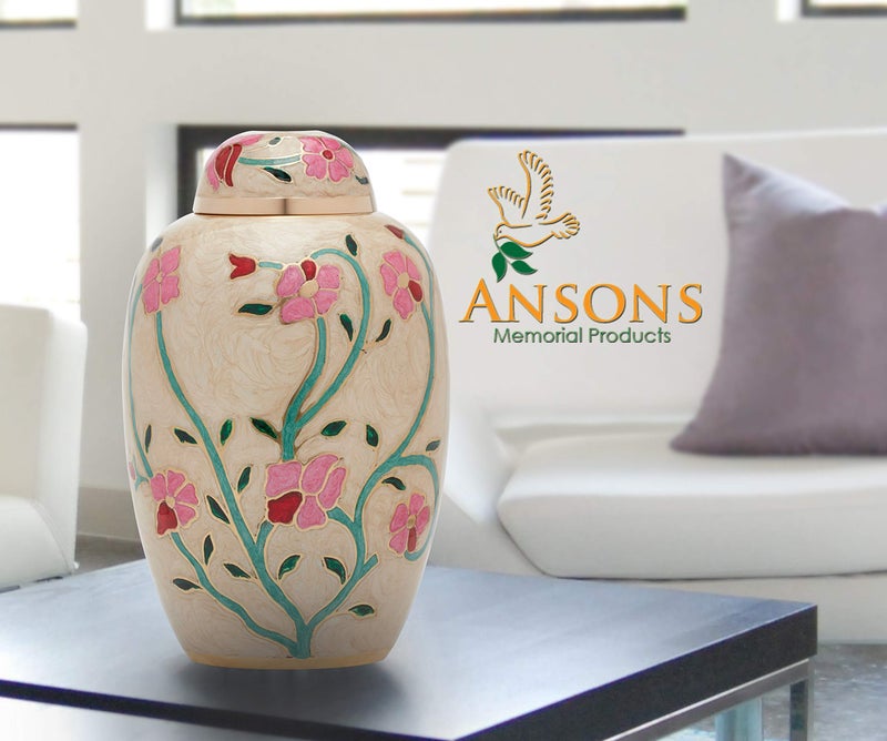 Ansons Urns Cremation Urn - Flower Funeral Urn for Human Ashes - Burial urn with Lacquer Finish - 100% Brass - Flora Cream - Image 5