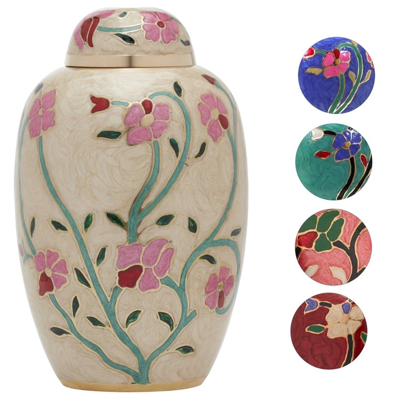 Ansons Urns Cremation Urn - Flower Funeral Urn for Human Ashes - Burial urn with Lacquer Finish - 100% Brass - Flora Cream - Image 1