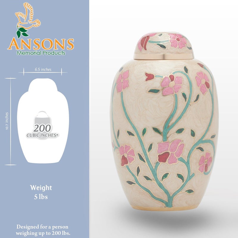 Ansons Urns Cremation Urn - Flower Funeral Urn for Human Ashes - Burial urn with Lacquer Finish - 100% Brass - Flora Cream - Image 3