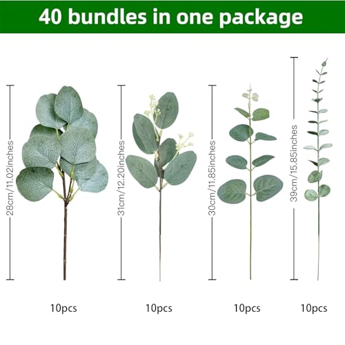 AUMVEYI 40 Pcs 4 Kinds Artificial Eucalyptus Leaves Stems Bulk, Fake Eucalyptus Greenery Picks, Mixed Faux Green Stems Leaves Decoration for Wedding Vase Bouquet Floral Arrangement - Image 2