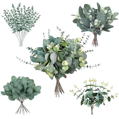 AUMVEYI 40 Pcs 4 Kinds Artificial Eucalyptus Leaves Stems Bulk, Fake Eucalyptus Greenery Picks, Mixed Faux Green Stems Leaves Decoration for Wedding Vase Bouquet Floral Arrangement - Image 1