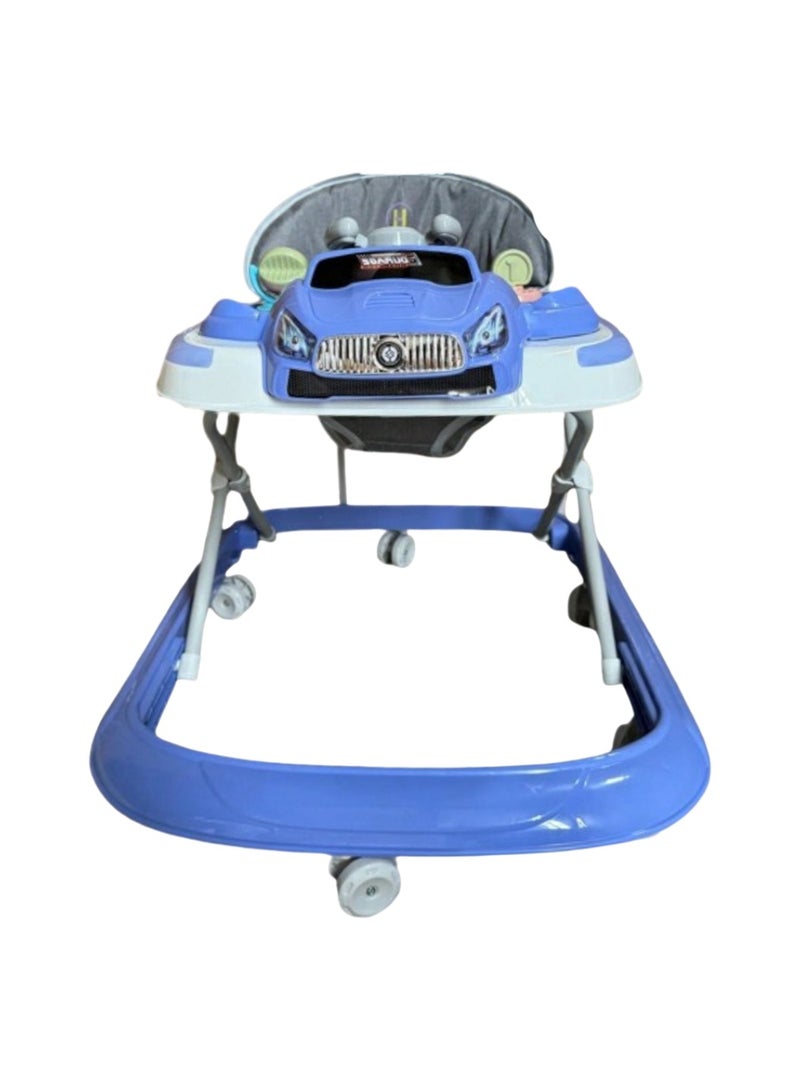 مرحبا حبيبتي مشاية أطفال زرقاء على شكل سيارة مع موسيقى وارتفاع قابل للتعديل - تصميم قابل للطي للأولاد والبنات - Image 1