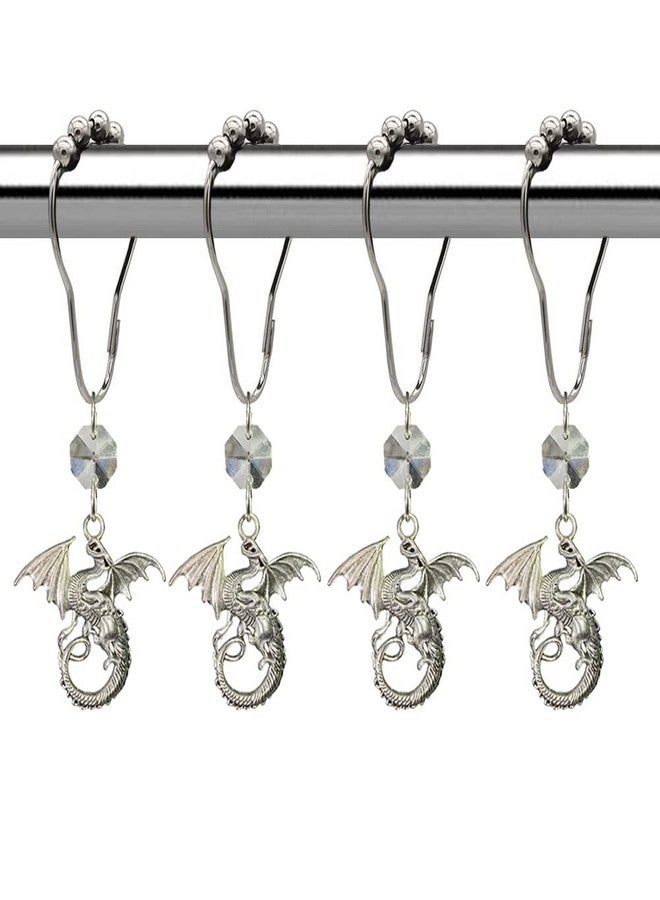 Decorative Dragon Shower Curtain Hooks for Bathroom Shower Rod, Rust Proof Stainless Steel Curtain Rings Set of 12 with Crystal Beads Fantasy Dragons Fairytale Decor Bathroom Bathtub (Silver) - Image 1