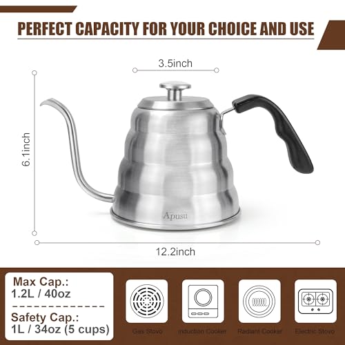 Apusu Gooseneck Kettle for Manual Drip Coffee & Tea 40oz Stainless Steel Pour Over Coffee Kettle with Thermometer Tea Kettle for Stovetop,1200ml,6 Cup,Silver,1Pack - Image 3