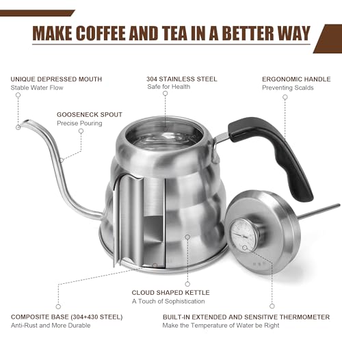 Apusu Gooseneck Kettle for Manual Drip Coffee & Tea 40oz Stainless Steel Pour Over Coffee Kettle with Thermometer Tea Kettle for Stovetop,1200ml,6 Cup,Silver,1Pack - Image 4