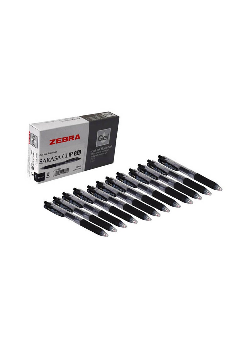 زيبرا ساراسا كليب أقلام جل 0.5 ملم، للكتابة السلسة، الرسم، تدوين الملاحظات، مجموعة من 12 قلم - أسود