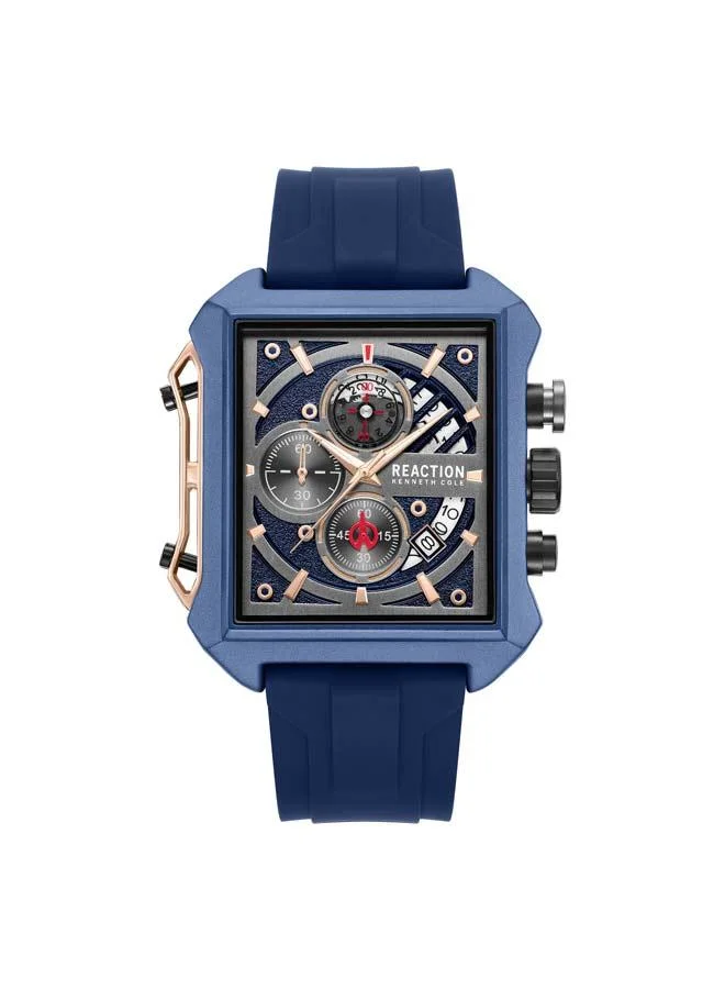 كينيث كول ريأكشن Blue Dial Black Silicone Strap Chronograph Watch for Men, 52.5mm