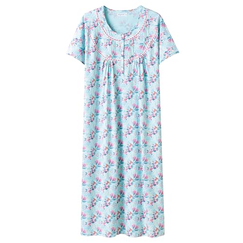 Keyocean Nightgowns for Women, Soft Cotton Comfy Lightweight Short Sleeves Ladies Nightdress, Rosy Elegance on Aqua Blue, Medium - Image 1