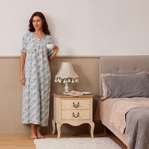 Keyocean Nightgowns for Women, Soft Cotton Comfy Lightweight Short Sleeves Ladies Nightdress, Rosy Elegance on Aqua Blue, Medium - Image 3