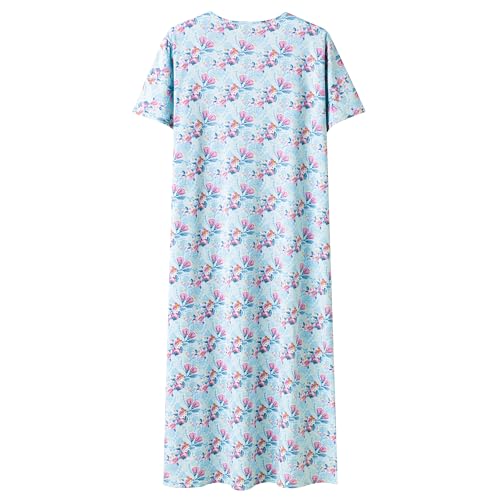 Keyocean Nightgowns for Women, Soft Cotton Comfy Lightweight Short Sleeves Ladies Nightdress, Rosy Elegance on Aqua Blue, Medium - Image 2