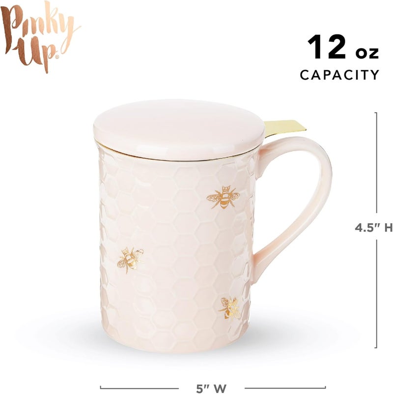 Pinky Up Annette Ceramic Tea Cup with Infuser and Lid, Travel Mug for Loose Leaf Teas, Home Office, Camping, Picnic Party, 12 oz, Set of 1, Honeycomb - Image 4