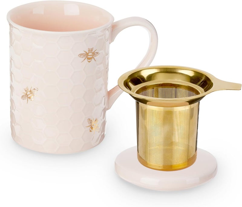 Pinky Up Annette Ceramic Tea Cup with Infuser and Lid, Travel Mug for Loose Leaf Teas, Home Office, Camping, Picnic Party, 12 oz, Set of 1, Honeycomb - Image 1