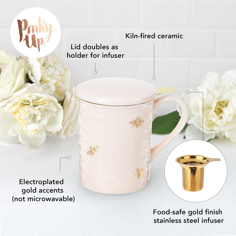 Pinky Up Annette Ceramic Tea Cup with Infuser and Lid, Travel Mug for Loose Leaf Teas, Home Office, Camping, Picnic Party, 12 oz, Set of 1, Honeycomb - Image 2