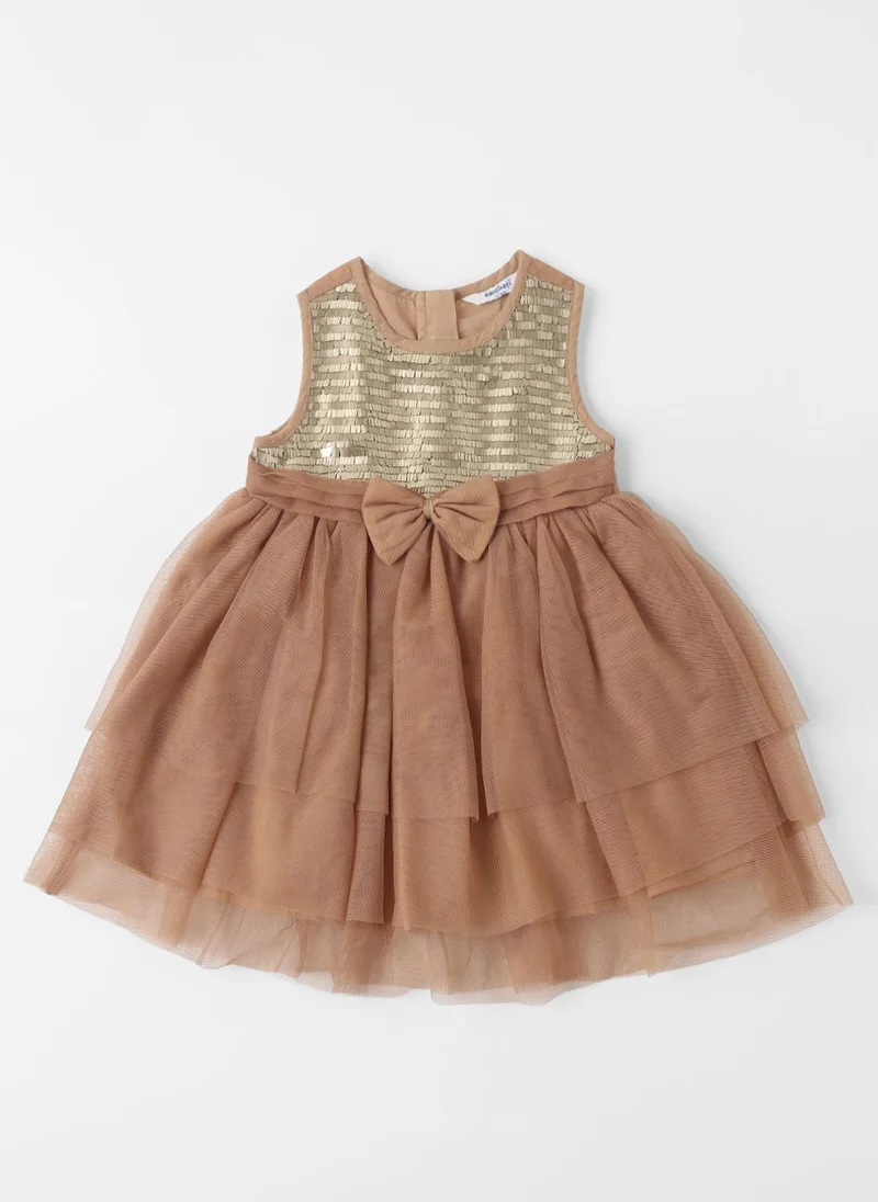 Nautinati Nautinati Girls' Mesh Sequins Party Wear Dress with Bow at Waistline