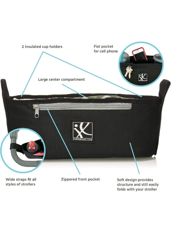 J.L. Childress J.L. Childress Cargo 'N Drinks Parent Tray, Universal Stroller Organizer with Insulated Cup Holders, Folds into Stroller, Easy Velcro Attachment, Black with Chevron Interior  - Image 2
