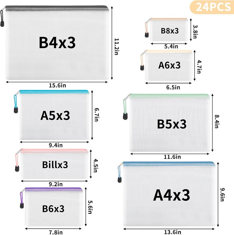 EOOUT 24pcs Mesh Zipper Pouch, Waterproof Zipper Bags, 8 Sizes Plastic Travel Pouch, 8 Colors, Multipurpose for Office Supplies and Travel Storage - Image 2
