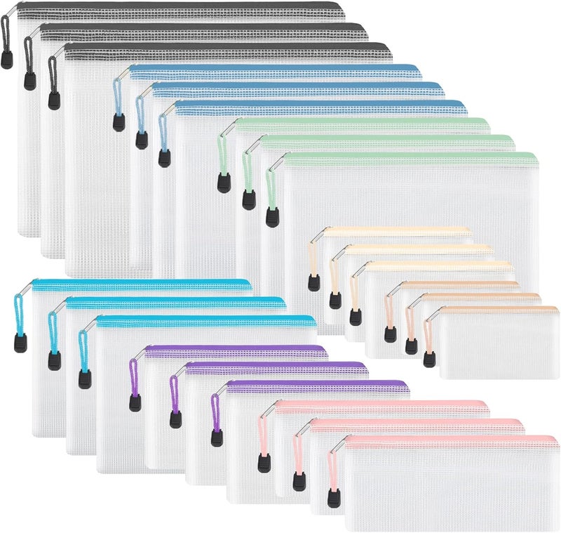 EOOUT 24pcs Mesh Zipper Pouch, Waterproof Zipper Bags, 8 Sizes Plastic Travel Pouch, 8 Colors, Multipurpose for Office Supplies and Travel Storage - Image 1