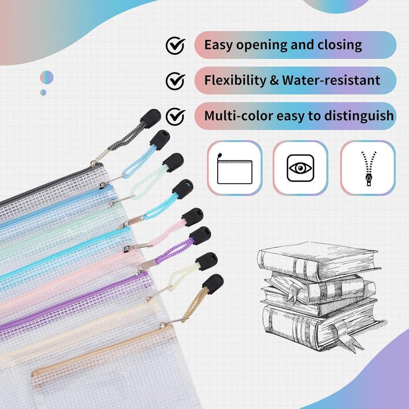 EOOUT 24pcs Mesh Zipper Pouch, Waterproof Zipper Bags, 8 Sizes Plastic Travel Pouch, 8 Colors, Multipurpose for Office Supplies and Travel Storage - Image 3