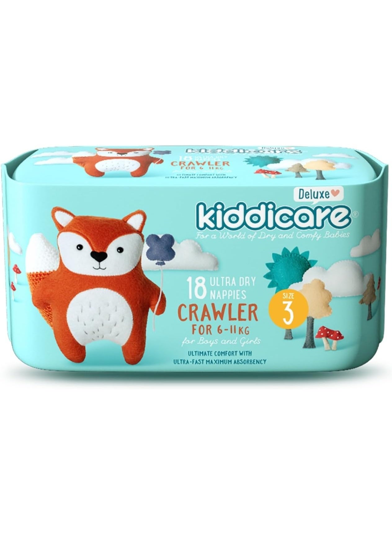 Kiddicare Baby Deluxe Crawler Diaper Nappy, Size 3, 18 Count, Leakage Protection, 6-11 kg, Anti Rash, 12 Hours Absorption, Cottony Soft Ultra Fast High Absorb Technology