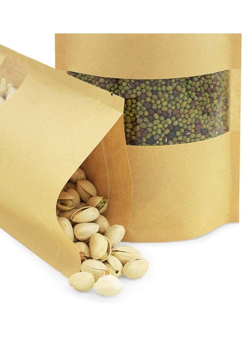 Generic 50 Pcs Self Sealing Sealable Packaging Paper Bags 17*24cm Waterproof Transparent Window Brown Stand Up Zipper Pouches Can Reusable for Food Tea Coffee bags Beans Nuts Seeds Dried Fruits Pouch  - Image 2