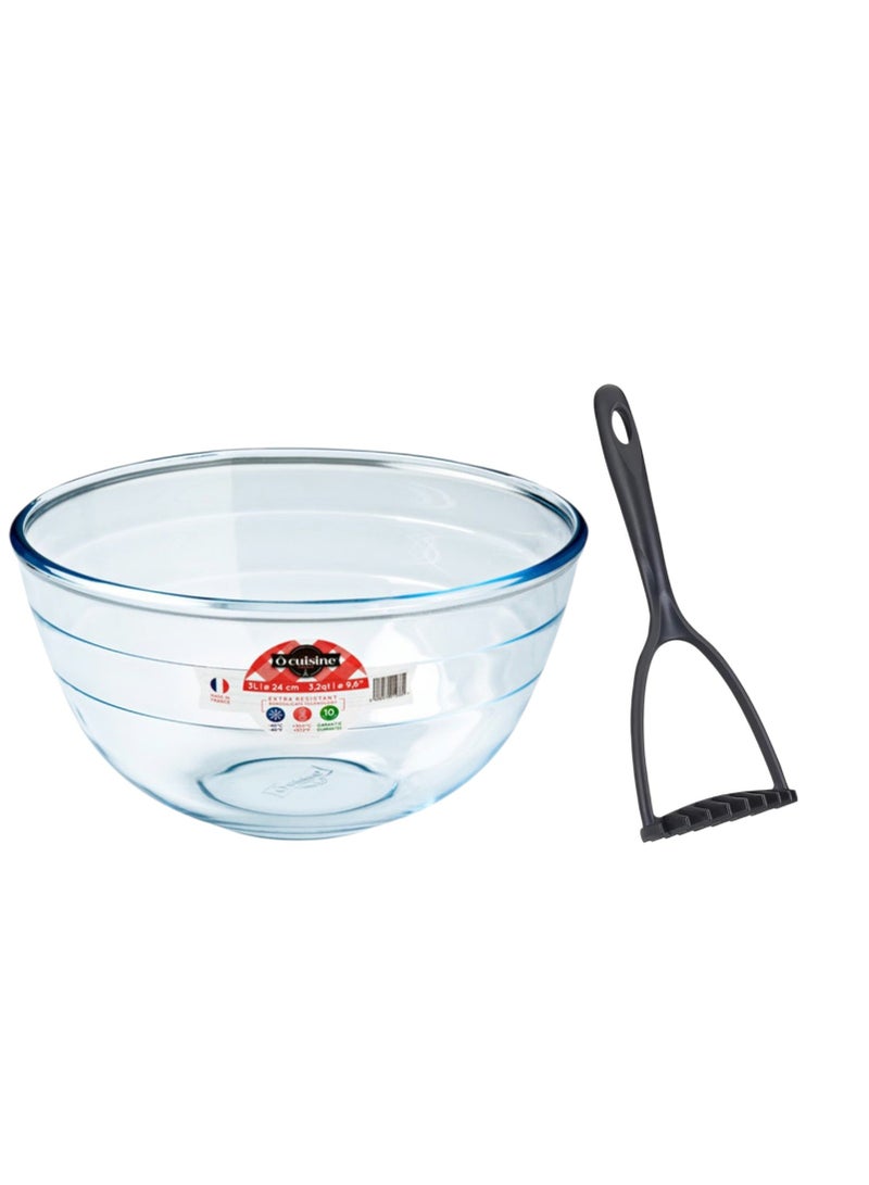 O'Cuisine Ôcuisine Mixing Bowl 3.0L Borosilicate Glass + Free Metaltex Rapid Potato Masher 28cm | Durable & Efficient Kitchen Set - Image 1