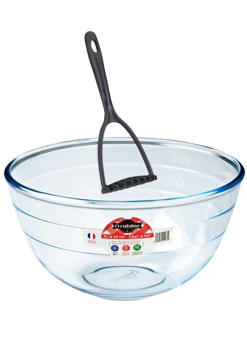O'Cuisine Ôcuisine Mixing Bowl 3.0L Borosilicate Glass + Free Metaltex Rapid Potato Masher 28cm | Durable & Efficient Kitchen Set - Image 2