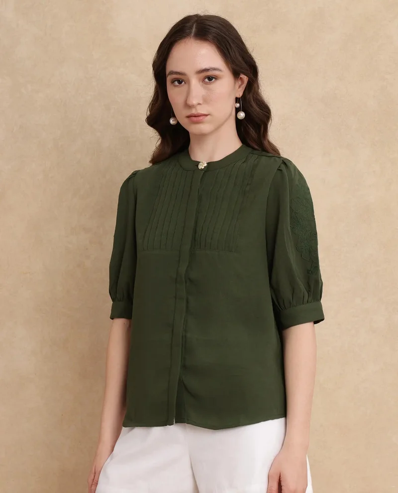 Rareism Women's Embroidered Sleeve Regular Fit Top