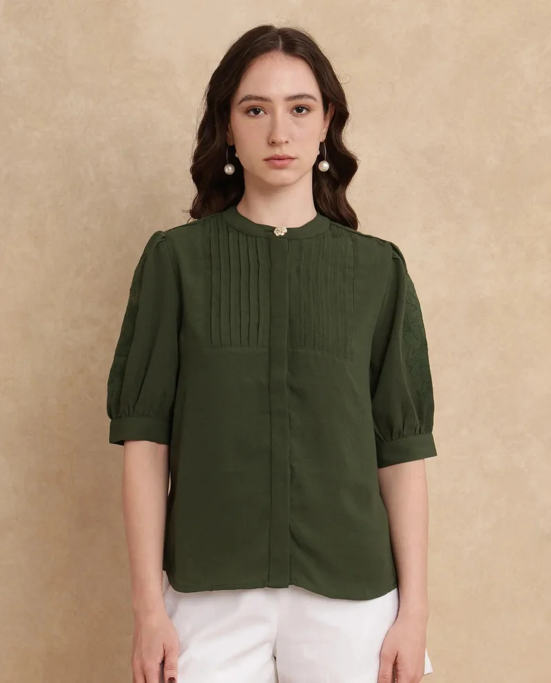 Rareism Women's Embroidered Sleeve Regular Fit Top