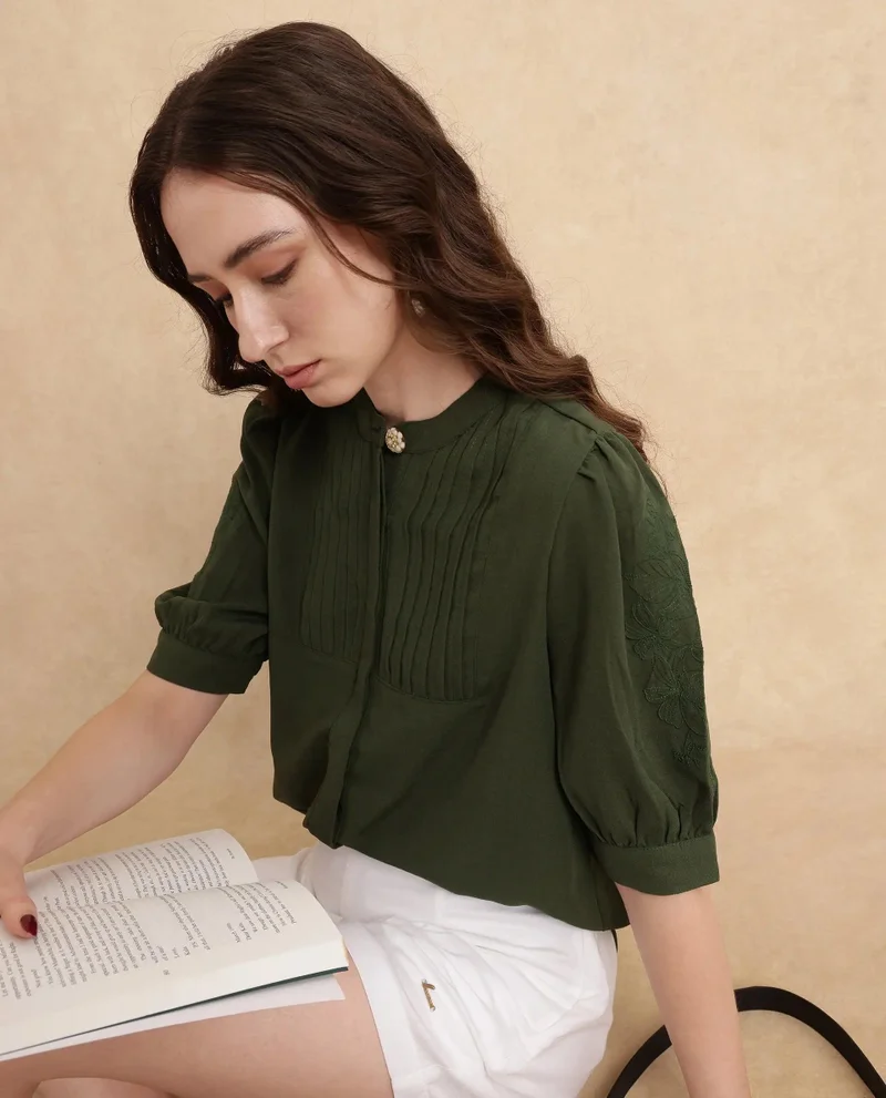 Rareism Women's Embroidered Sleeve Regular Fit Top