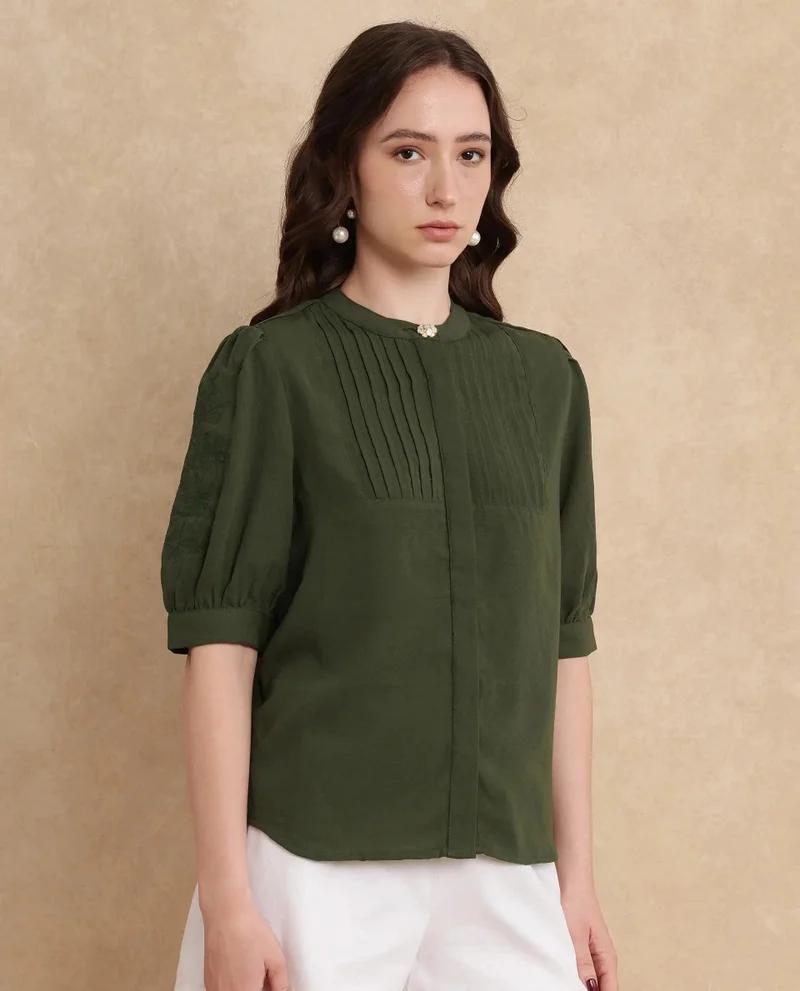 Rareism Women's Embroidered Sleeve Regular Fit Top
