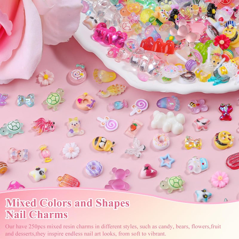 editTime 250pcs Kawaii 3D Candy Nail Charms Kit,Y2K Cartoon Gummy Bear Bees Fruit Pineapple Sweet Candy Lollipop Donut Ice Cream Cute Heart Star Bows Mixed Colors Jewelry Nail Embellishments for Nail Art Craft - Image 4