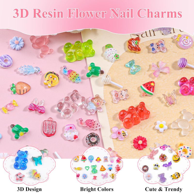 editTime 250pcs Kawaii 3D Candy Nail Charms Kit,Y2K Cartoon Gummy Bear Bees Fruit Pineapple Sweet Candy Lollipop Donut Ice Cream Cute Heart Star Bows Mixed Colors Jewelry Nail Embellishments for Nail Art Craft - Image 3