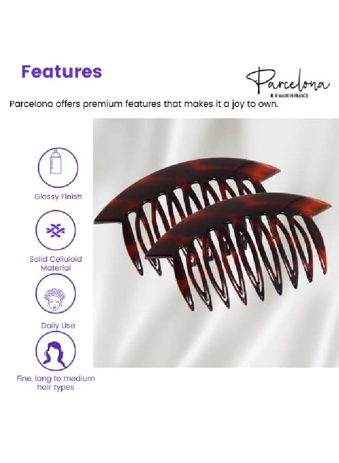 Parcelona French Wide Edge Tortoise Shell Brown Large 4” Celluloid Set Of 2 Strong Grip Side Hair Combs For Women And Girls - Image 3
