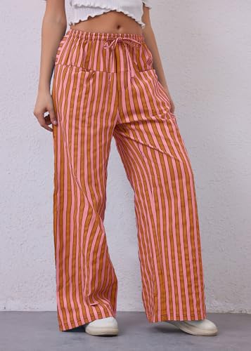 MISSACTIVER Women Drawstring Striped Pants Loose Wide Leg Trousers Casual Low Waist Pants Comfy Lounge Pants with Pockets Red - Image 3