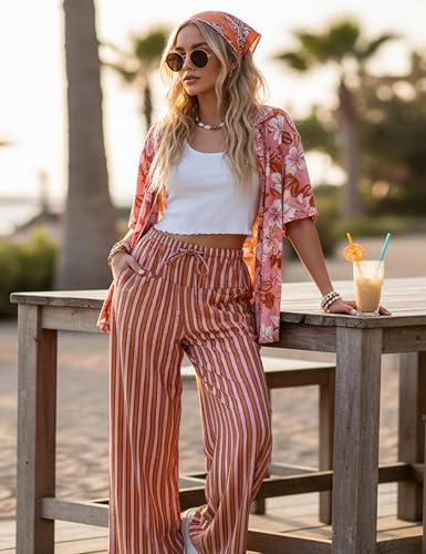 MISSACTIVER Women Drawstring Striped Pants Loose Wide Leg Trousers Casual Low Waist Pants Comfy Lounge Pants with Pockets Red - Image 2