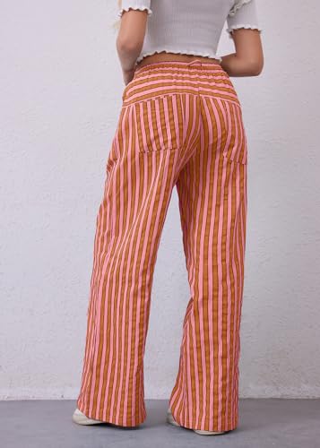 MISSACTIVER Women Drawstring Striped Pants Loose Wide Leg Trousers Casual Low Waist Pants Comfy Lounge Pants with Pockets Red - Image 4