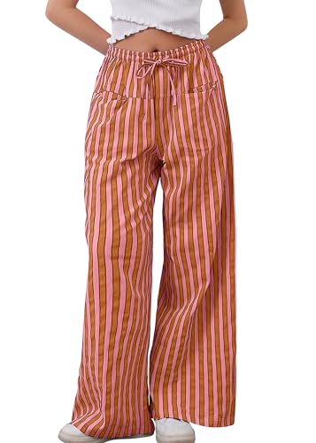 MISSACTIVER Women Drawstring Striped Pants Loose Wide Leg Trousers Casual Low Waist Pants Comfy Lounge Pants with Pockets Red - Image 1