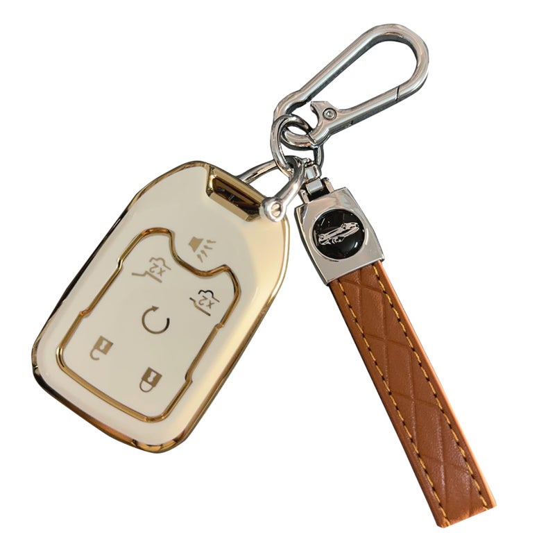Key Fob Cover for Chevy GMC 6 Buttons Soft TPU with Leather Keychain Key Fob Remote Case Fit for Chevy Tahoe Suburban GMC Yucon XL Denali 2015 2016 2017 2018 2019 2020HYQ1AA 13580802 13508280 White