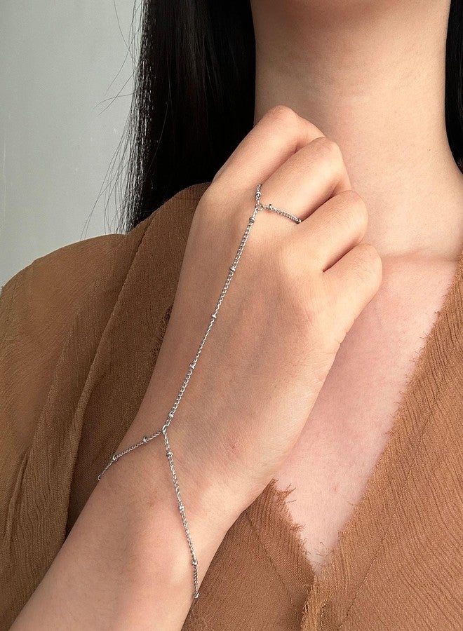 HTH Ring Bracelet Hand Chain for Women Adjustable Stainless Steel Beaded chain Finger Ring Bracelet(Silver) - Image 3