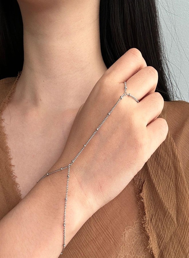 HTH Ring Bracelet Hand Chain for Women Adjustable Stainless Steel Beaded chain Finger Ring Bracelet(Silver) - Image 2